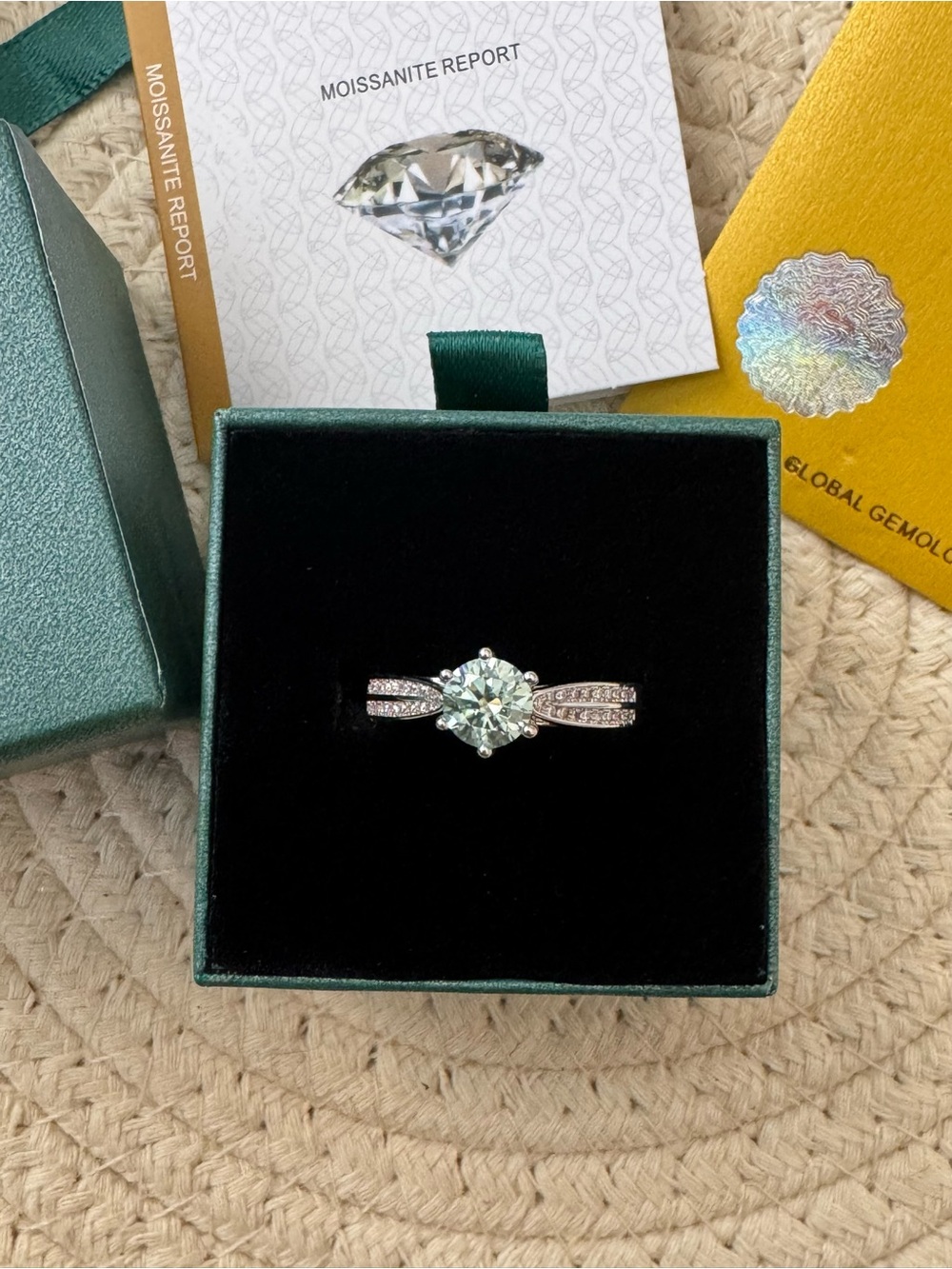 1 CT Aqua Light Blue-Green Moissanite Ring - Size 10 (GRA Certified)